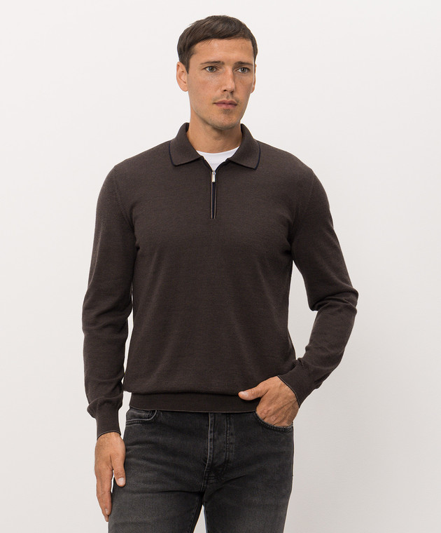 Bertolo Cashmere Коричневое поло из шерсти и шелка на молнии 902636002587 изображение 3