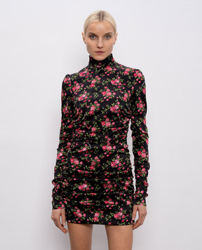 Dolce&Gabbana Чорна сукня міні із шовку з драпіруванням в принт F60G2TFSA8G