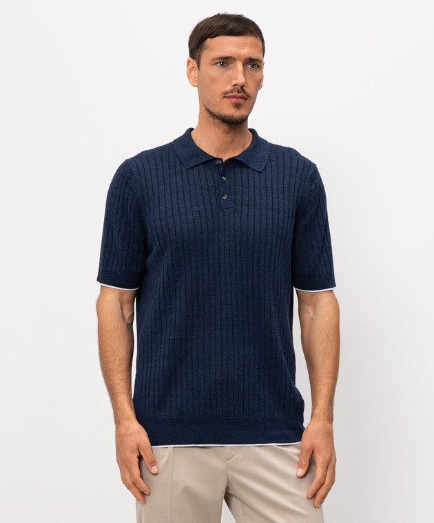 Pini Parma Синє поло з льоном в рубчик POLCOLIRIBBL зображення 3