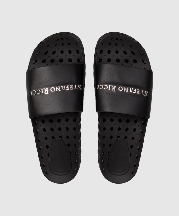 Stefano Ricci Чорні перфоровані слайдери з фактурним логотипом UT50G777WY зображення 4