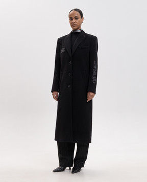 Off-White Чорне пальто з вовною з вишивкою логотипа 2FG00524T
