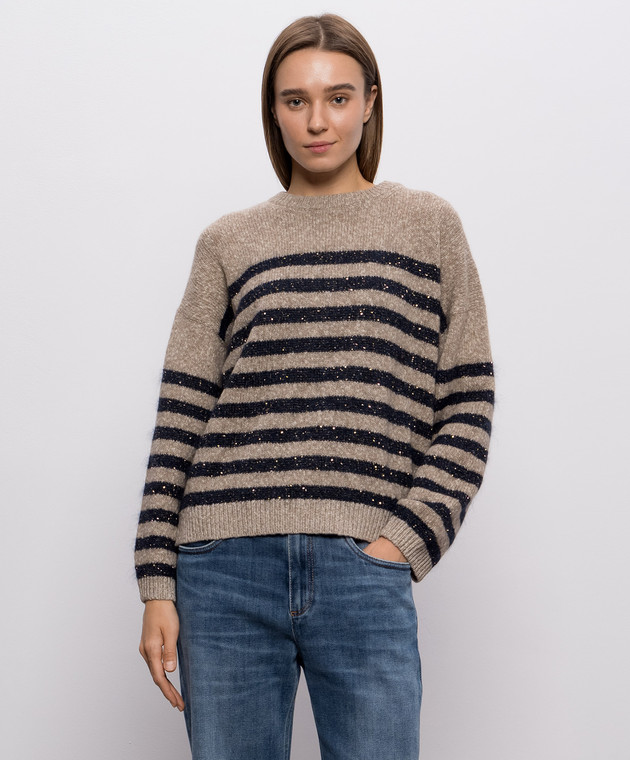 Brunello Cucinelli Коричневий светр з вовни в кашеміру в смужку MGY563700P зображення 3