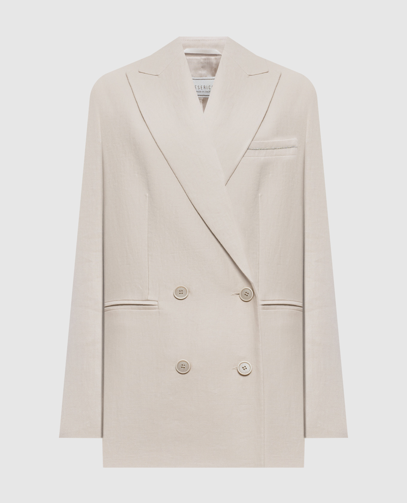 Бежевый двубортный жакет из льна