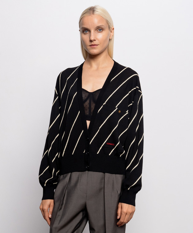 Versace Черный кардиган из шерсти в полоску 10253441A18351 изображение 3