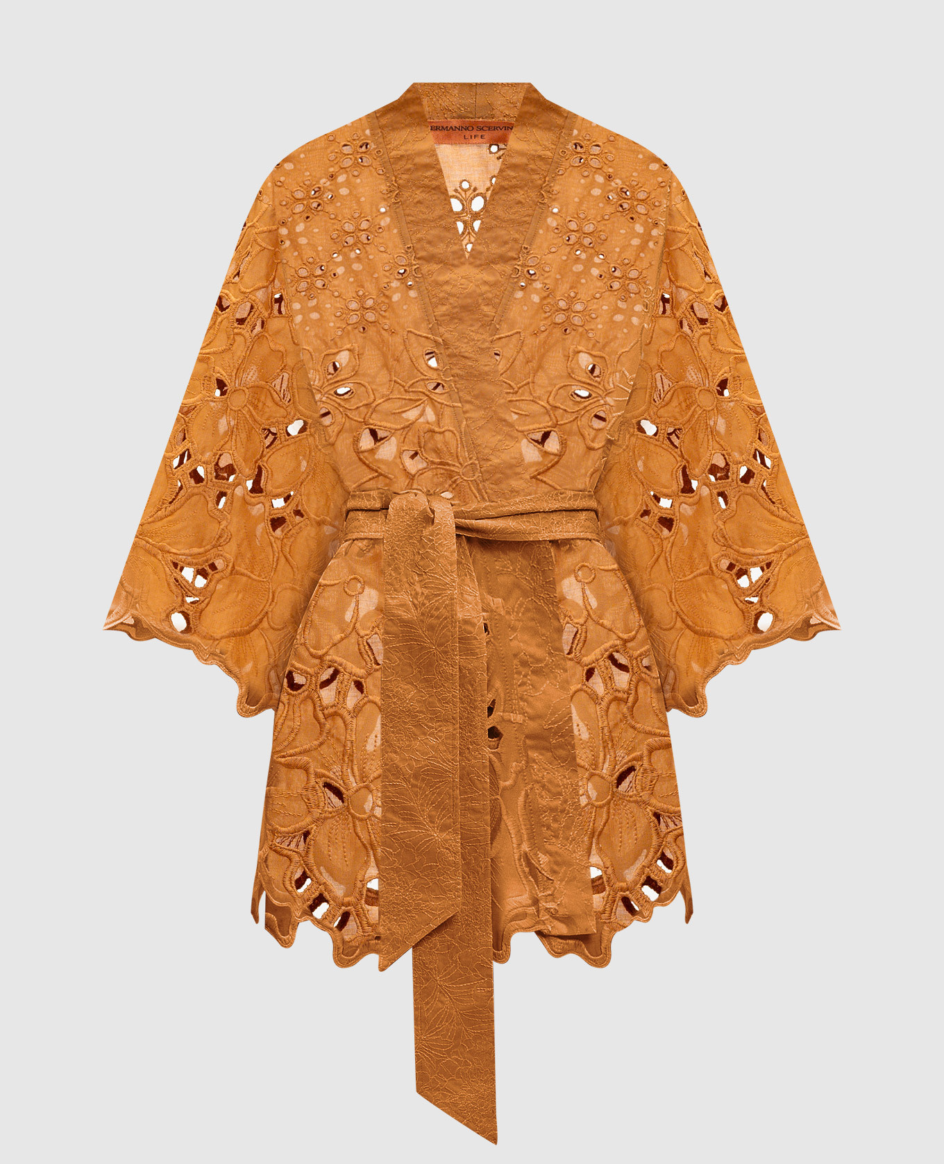 Коричневое ажурное кимоно с вышивкой
