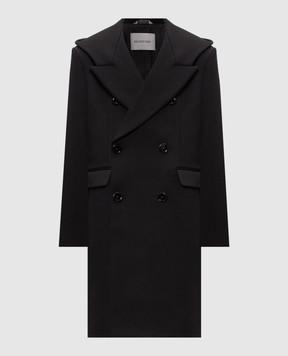 Balenciaga Черное двубортное пальто из шерсти с капюшоном A00AEYTUT15