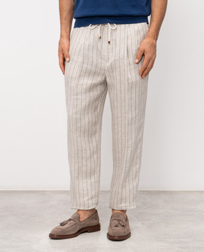 Brunello Cucinelli Бежевые брюки из льна в полоску MZ412E1710