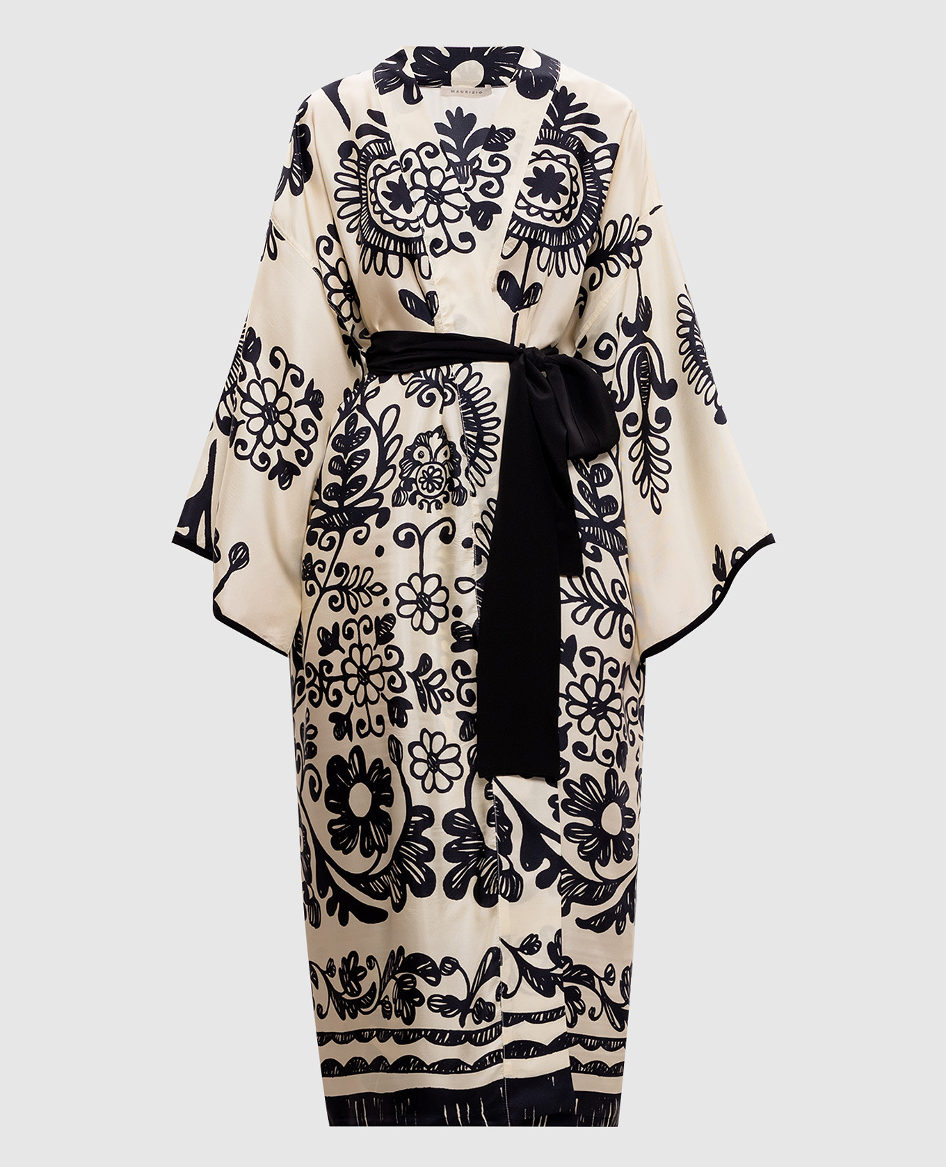 

Бежевое платье-кимоно из шелка в принт, Бежевый, Повседневные платья