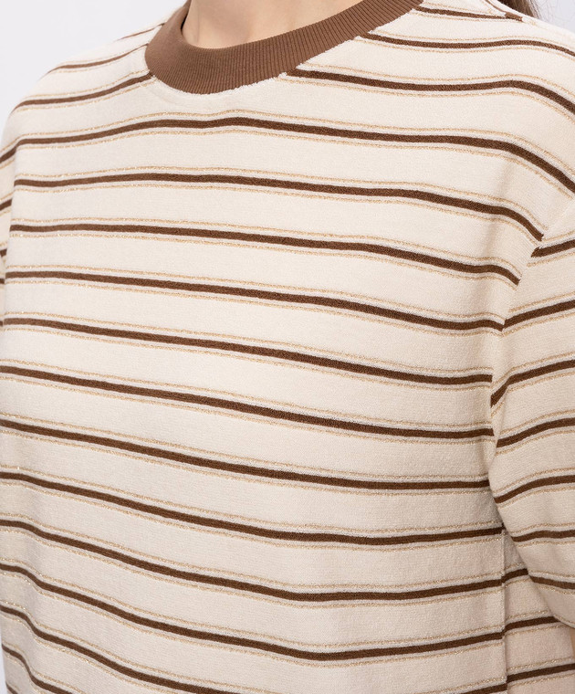 Brunello Cucinelli Бежевая футболка с шелком в полоску MQ987DC400 изображение 5