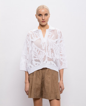 Brunello Cucinelli Белый ажурный пуловер из льна с воротником-поло MDT771005