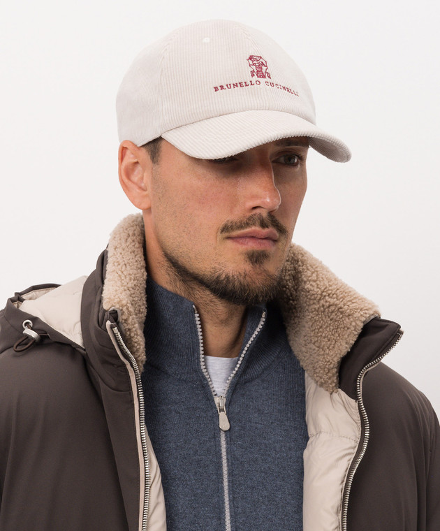 Brunello Cucinelli Бежева вельветова кепка з вишивкою MY4999850 зображення 2