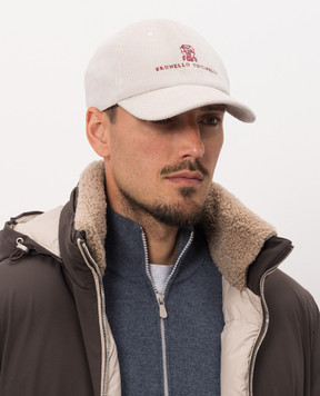 Brunello Cucinelli Бежевая вельветовая кепка с вышивкой MY4999850