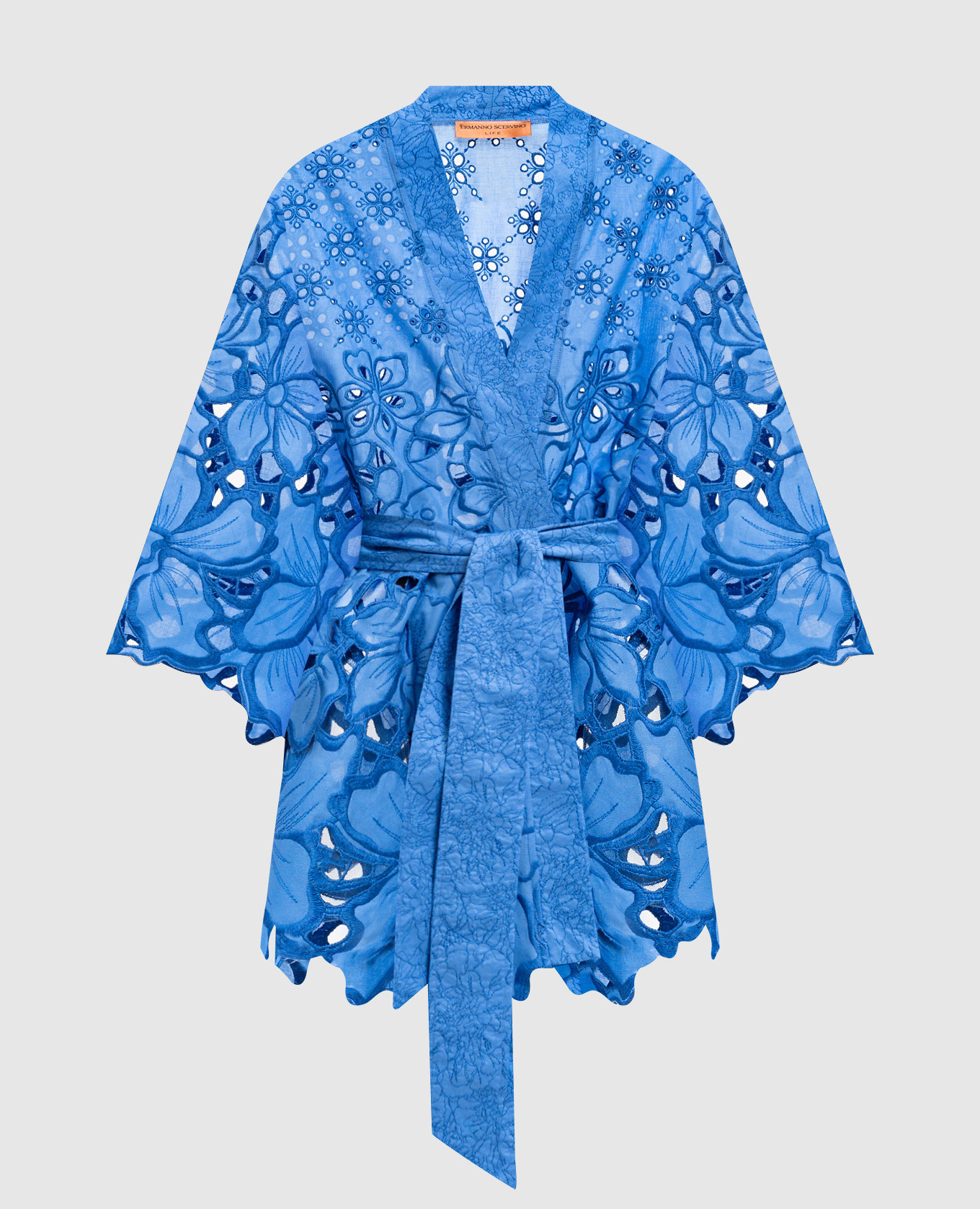 Синее ажурное кимоно с вышивкой