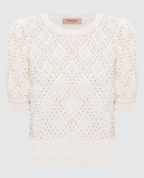 Twinset Белый ажурный джемпер с бусинами 261TP3201