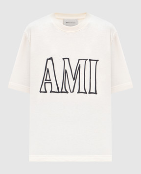 Ami Paris Футболка цвета айвори с принтом логотипа UTS380726w