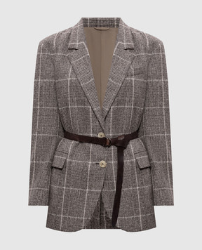 Brunello Cucinelli Серый жакет с шерстью альпаки в клетку с поясом MV4037396