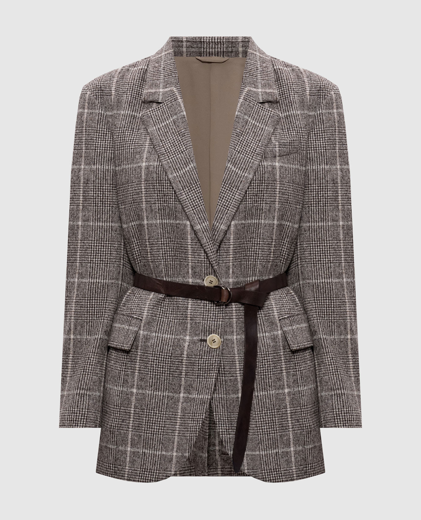 

Серый жакет с шерстью альпаки в клетку с поясом, Жакеты