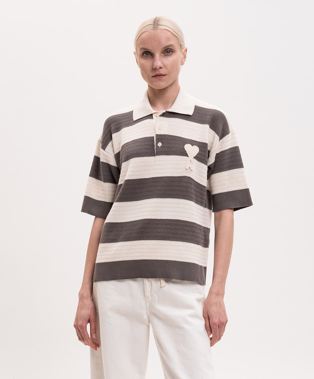 Ami Paris Серое поло в полоску с нашивкой FPL430KN0153 изображение 3