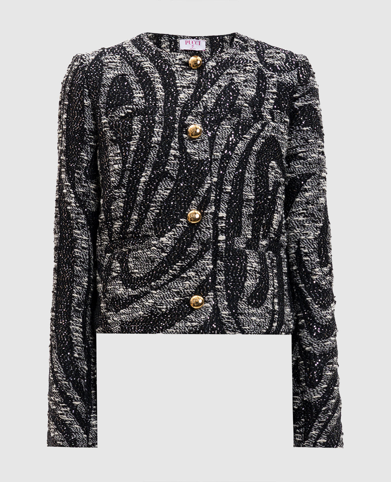 Чорний жакет з вовною в брендовий візерунок з паєтками