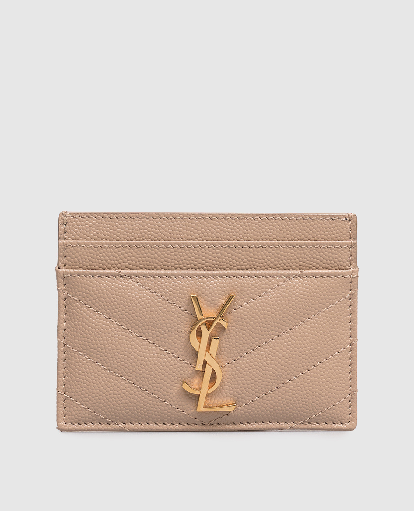 Бежевый кожаный картхолдер с металлической эмблемой Cassandre