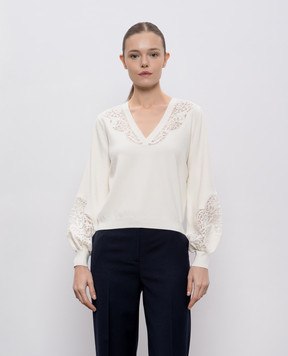 Twinset Белый пуловер из шерсти с кружевом 252TT3440