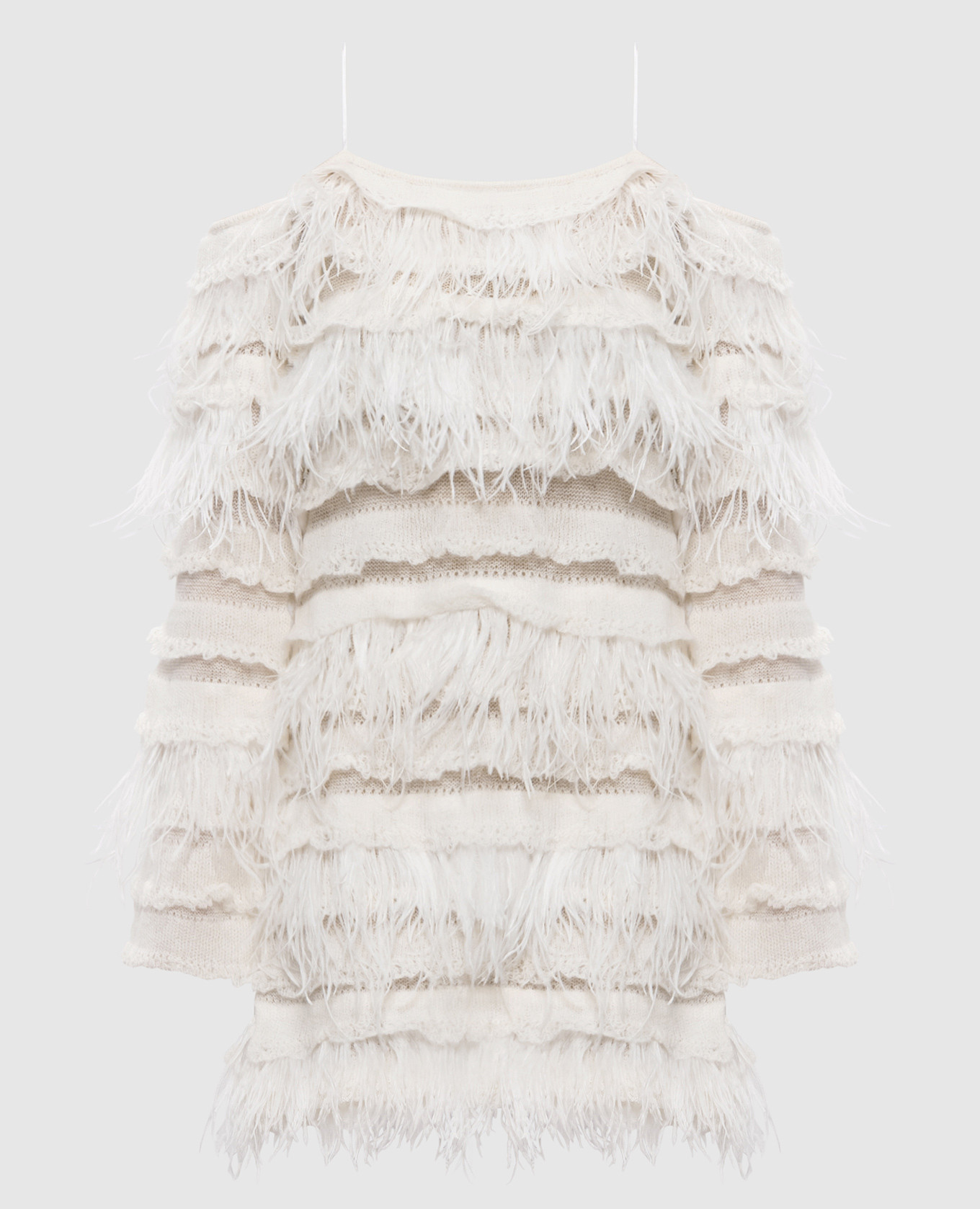 

Белое платье мини с шерстью альпаки и с перьями страуса, Белый, Коктейльные платья