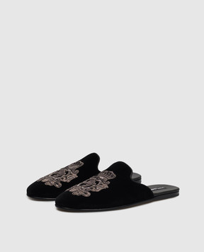 Dolce&Gabbana Чорні оксамитові капці з вишивкою A80310AO249