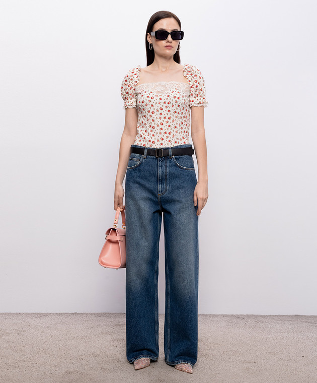 Dolce&Gabbana Білий топ із шовком в принт з мереживом F7BK1TFSA79 зображення 2