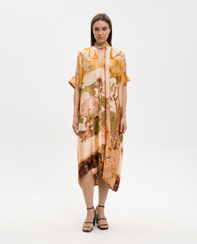 Masnada Бежевое платье в брендовый принт 8061