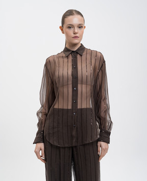 Brunello Cucinelli Коричневая блуза из шелка с пайетками MF940RI516