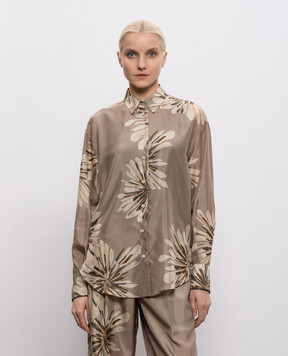 Brunello Cucinelli Блуза цвета хаки из шелка в принт MQ967RH206
