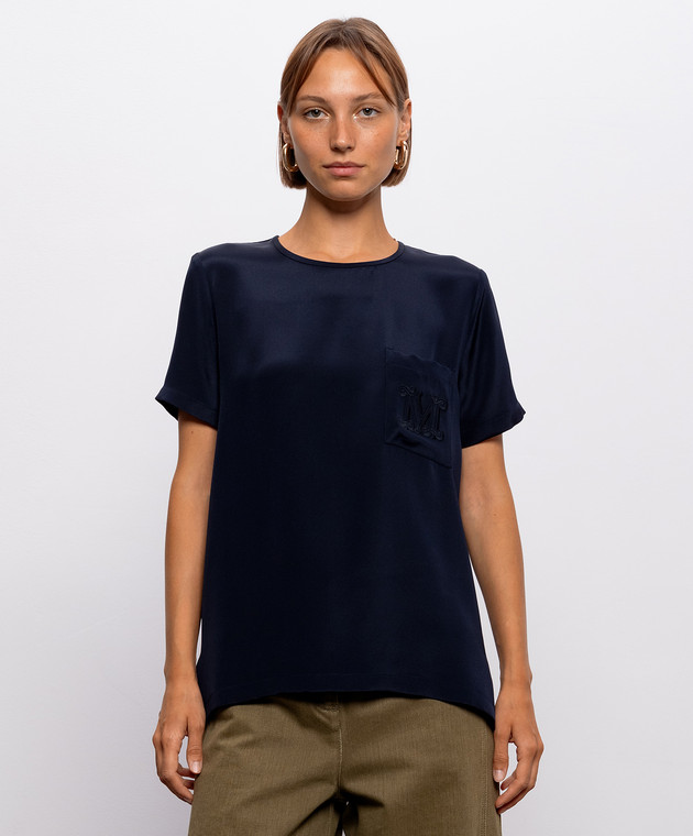 Max Mara Синий топ из шелка с вышивкой монограммы MXMPAGANO изображение 3
