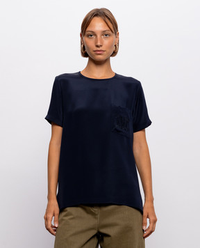 Max Mara Синий топ из шелка с вышивкой монограммы MXMPAGANO