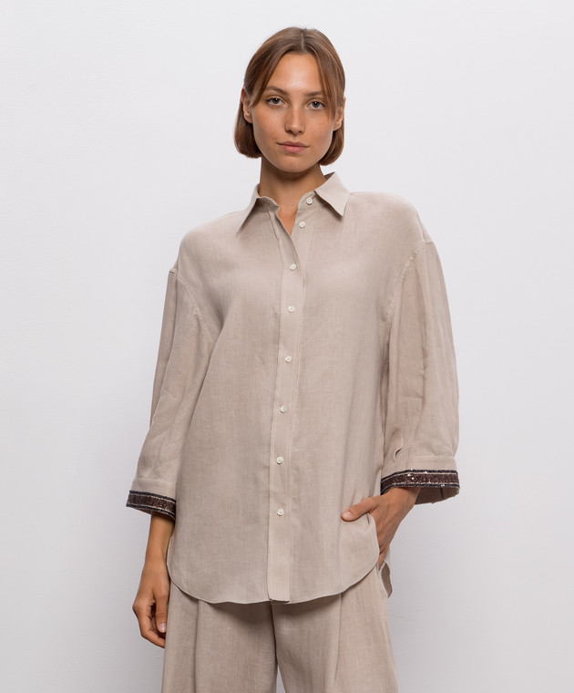 Brunello Cucinelli Бежевая рубашка из льна с пайетками MP698MR606 изображение 3