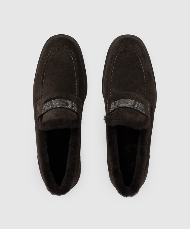 Brunello Cucinelli Коричневые замшевые лоферы на меху с цепочкой мониль MZSFG2569 изображение 4