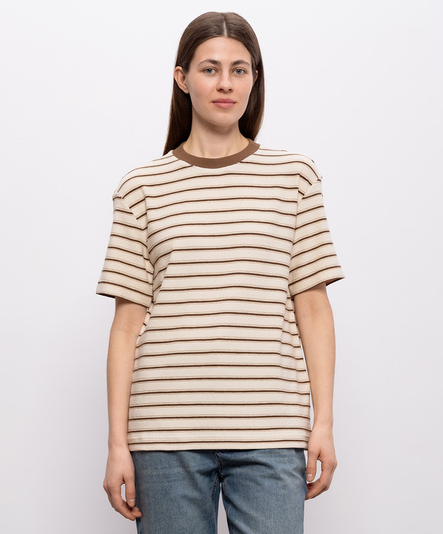 Brunello Cucinelli Бежевая футболка с шелком в полоску MQ987DC400 изображение 3