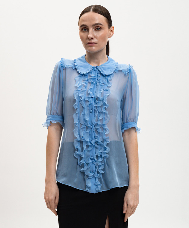 Dolce&Gabbana Блакитна блуза із шовку з рюшами F5U03TFU1UR зображення 2
