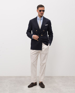 Brunello Cucinelli Синий двубортный пиджак из шелка и льна MR4787BPDG