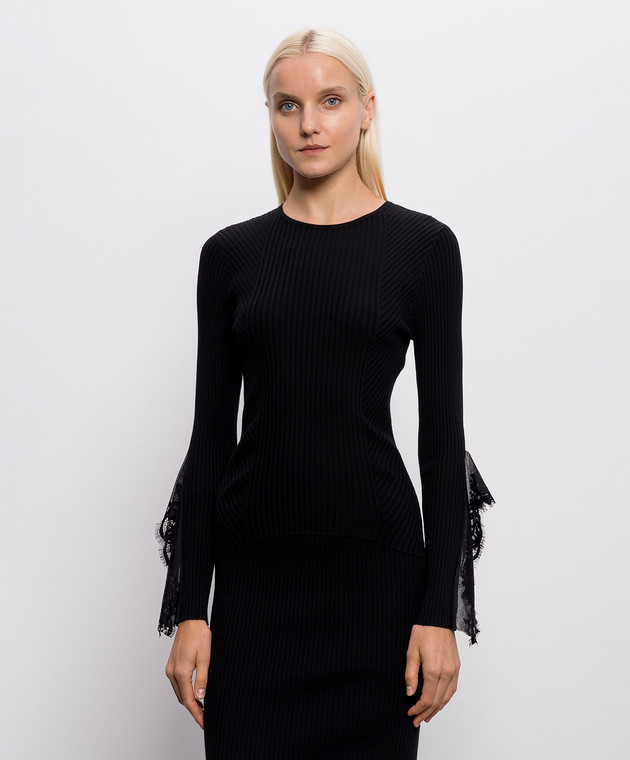Twinset Черный топ в рубчик с кружевом 262AP3102 изображение 3