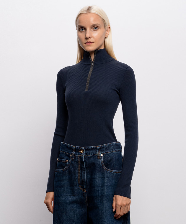 Brunello Cucinelli Синий джемпер из шерсти и кашемира в рубчик M14817604P изображение 3