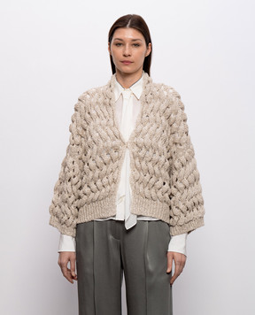 Brunello Cucinelli Бежевый ажурный кардиган с шелком и льном MEA347506P