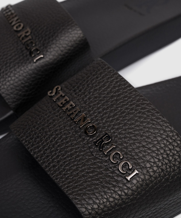 Stefano Ricci Чорні шкіряні слайдери з фактурним логотипом UG31G761VD зображення 5