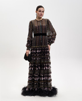 Valentino Черное платье макси с аппликацией и перьями страуса 8B3VDML01ED