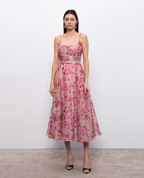 Nissa Розовое платье миди из льна и шелка RC16503