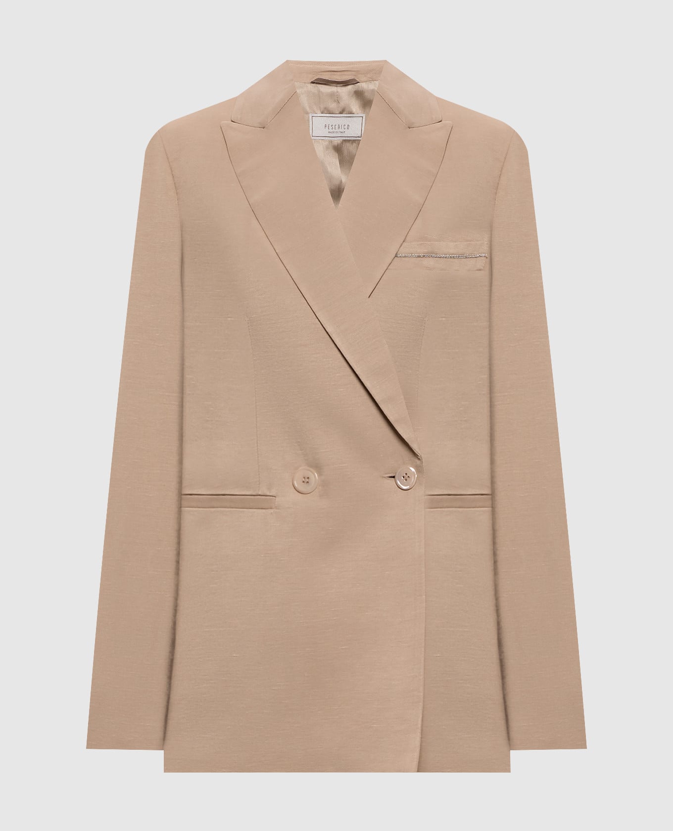 Бежевый двубортный жакет с льном