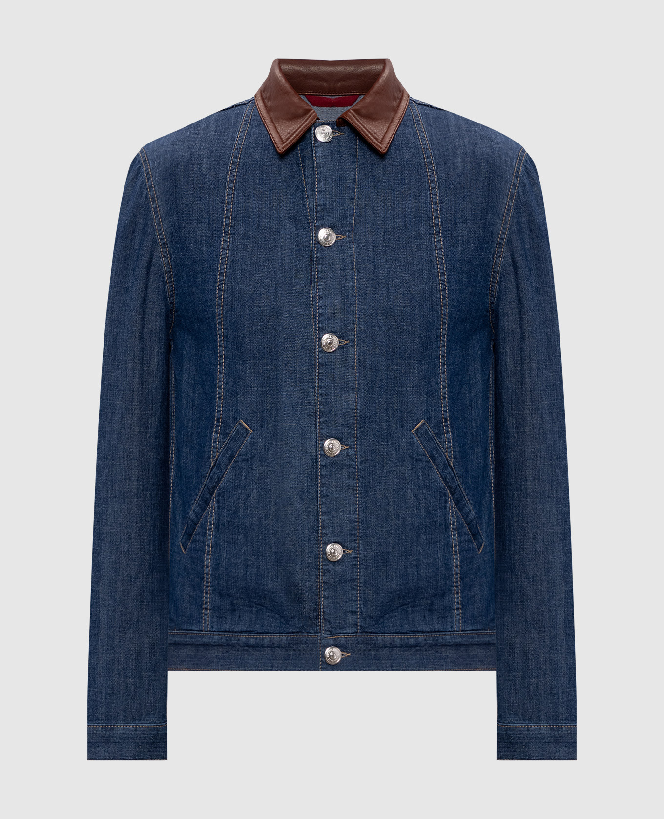 

Синяя джинсовая куртка с кожаным воротником, Синий, Джинсовые куртки