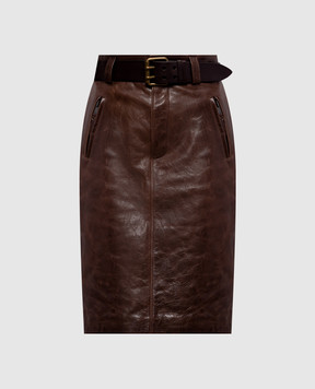 Saint Laurent Коричнева шкіряна спідниця-олівець з поясом 865021YCVD2