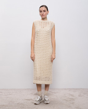 Peserico Бежева ажурна сукня міді з вовною альпаки E82090F0309208