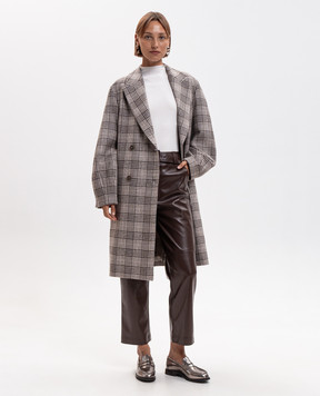 Twinset Серое двубортное пальто с шерстью в клеточку 262TP2740
