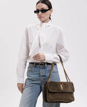 Saint Laurent Замшева сумка-месенджер NIKI TRIPOUCH кольору хакі 8129431U807